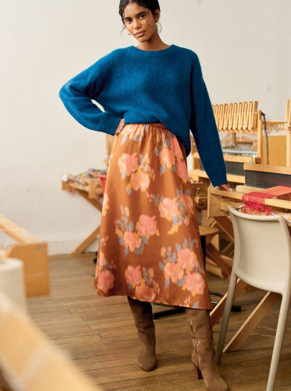 Sezane Siloé Skirt Mottled Flowers Coffee Background - Size 6